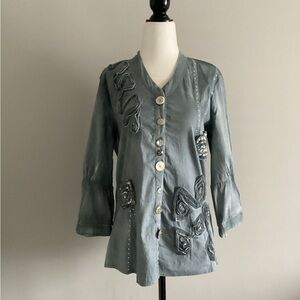 Vintage Parsley & Sage Distressed Blue Embellished Blouse, Size M